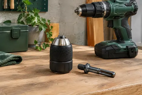 Mandrin autoserrant S&R en acier avec bague de préhension et adaptateur SDS-plus sur un établi