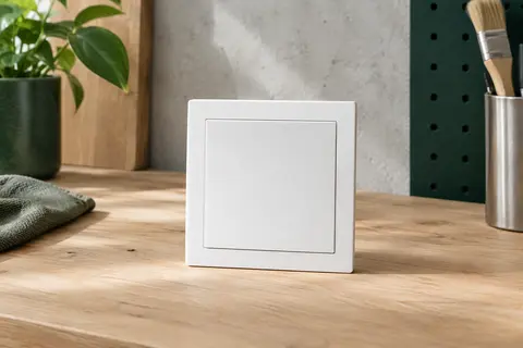 Plaque de finition électrique blanche en plastique, format 1 poste, posée dans un atelier soigné.