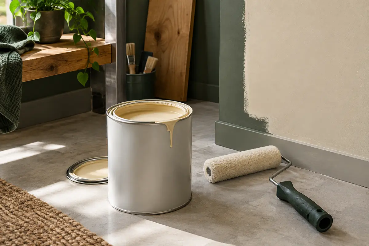 Pot ouvert de peinture beige Vanilla Cream avec rouleau devant un mur intérieur mat fraîchement peint