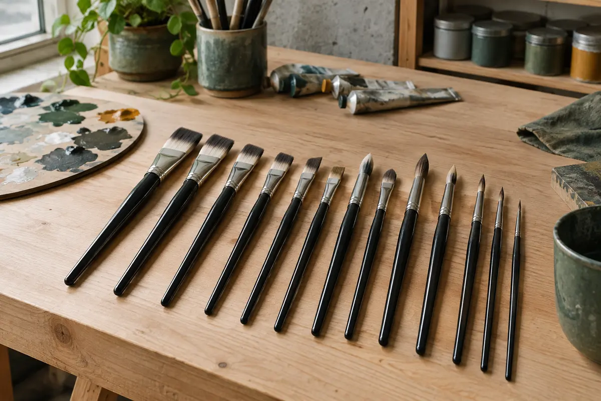 Lot de pinceaux noirs en bois et nylon, aux formes variées, posé sur un établi d’atelier.
