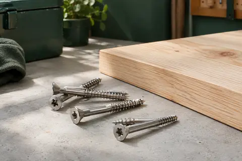Vis à bois SPAX en acier inoxydable A2, à tête fraisée et filetage partiel, posées près d’une planche.