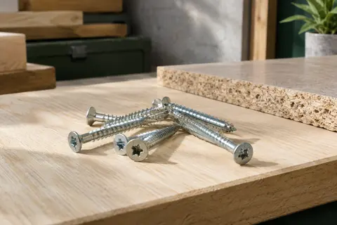 Vis universelles SPAX à tête fraisée posées sur une planche de bois dans un atelier soigné.