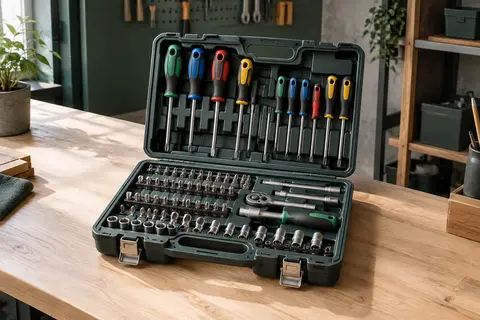 Coffret de vissage Stanley de 57 pièces avec tournevis, embouts et douilles disposés sur un établi clair.