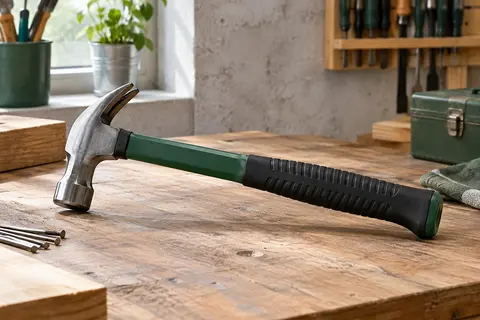 Marteau arrache-clou Stanley de 450 g, tête en acier courbée et poignée noire nervurée sur un établi.