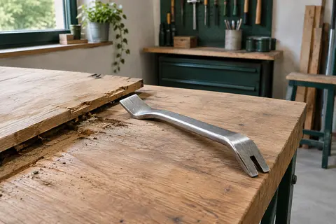 Pied de biche argenté de 250 mm à griffes étroites posé près d’une planche sur un établi en bois.
