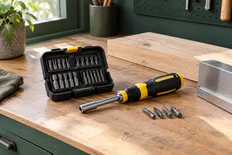 Tournevis multi-embouts jaune et noir avec embouts métalliques rangés dans un coffret compact