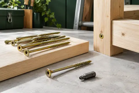 Vis à bois STRÜBER zinguées jaunes à tête large, posées près de poutres en bois dans un atelier ordonné.