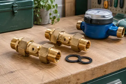 Deux raccords de compteur d’eau en laiton avec écrous et joints EPDM posés sur un établi