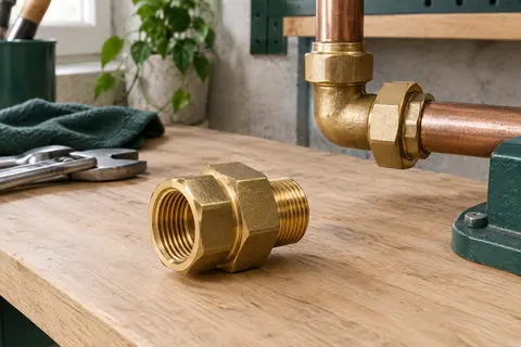 Raccord union conique en laiton avec filetage intérieur et extérieur posé sur un établi de plomberie.