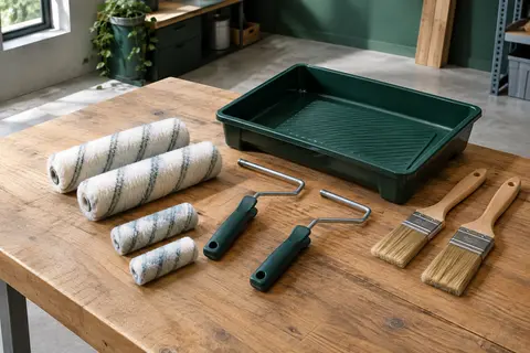 Kit de peinture avec rouleaux de deux tailles, pinceaux, bac et manche sur un établi.