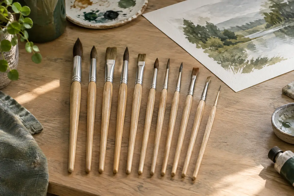 Dix pinceaux à poils naturels avec manches en bois et viroles en aluminium, posés dans un atelier.