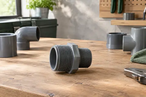 Mamelon de réduction gris en PVC-U avec deux filetages extérieurs et un corps hexagonal