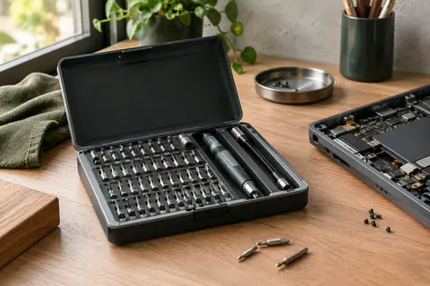 Boîte noire et grise ouverte avec embouts de précision, manche et tige flexible rangés sur un établi