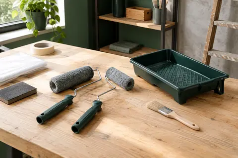 Kit de peinture gris avec rouleaux de deux formats, bac, pinceau et accessoires disposés sur un établi