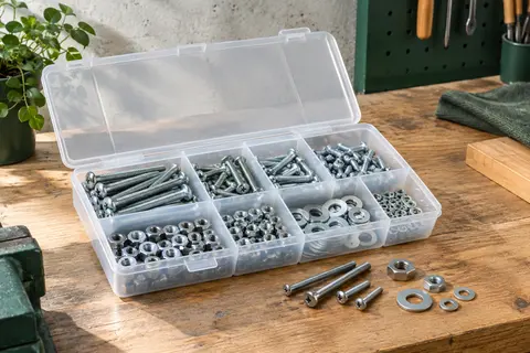 Boîte compartimentée contenant des vis argentées, des écrous hexagonaux et des rondelles assorties