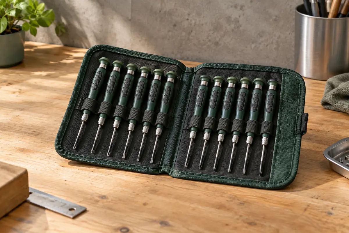 Jeu de microtournevis Wera verts rangés dans une pochette pliante ouverte sur un établi clair.