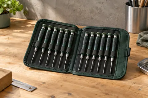 Jeu de microtournevis Wera verts rangés dans une pochette pliante ouverte sur un établi clair.