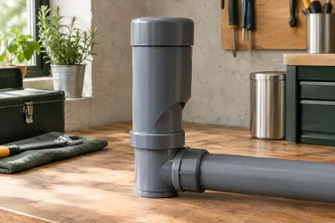 Anti-vide droit Wirquin en PVC gris présenté verticalement sur une canalisation d’évacuation