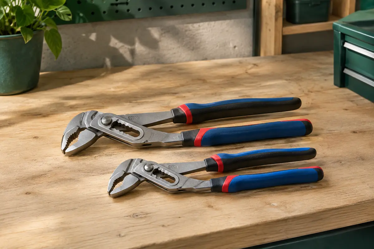 Deux pinces multiprises WORKPRO de 200 et 250 mm posées sur un établi en bois clair