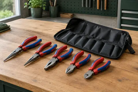 Cinq mini pinces WORKPRO aux poignées rouges et bleues accompagnées de leur pochette de rangement