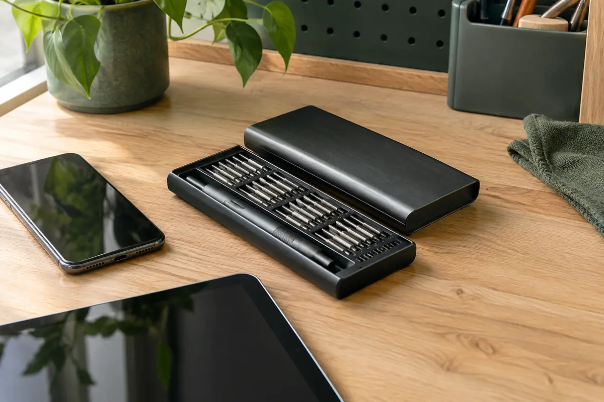 Kit de tournevis de précision compact noir avec embouts rangés sur un établi près d’appareils électroniques