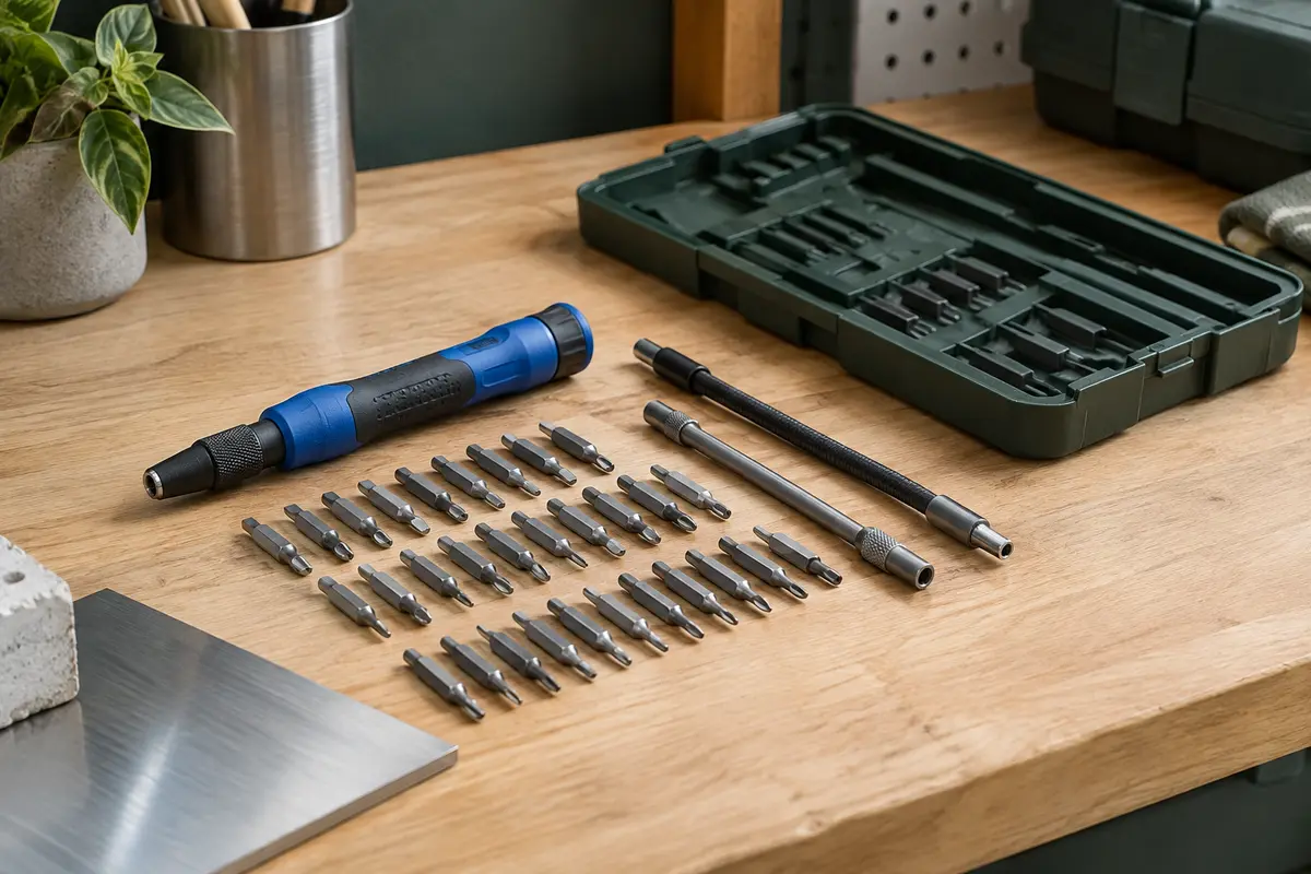 Kit de tournevis de précision bleu avec embouts métalliques et extensions posé sur un établi soigné.