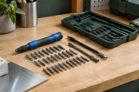 Kit de tournevis de précision bleu avec embouts métalliques et extensions posé sur un établi soigné.