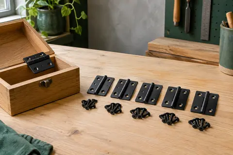 Charnières pliantes noires et vis posées sur un établi près d’un petit coffret en bois ouvert