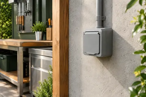 Prise électrique grise en saillie avec clapet, installée sur un mur clair près d’un atelier