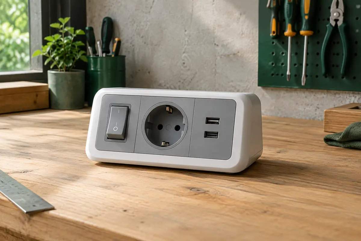Prise compacte blanche et grise avec interrupteur, une prise secteur annoncée et deux ports USB