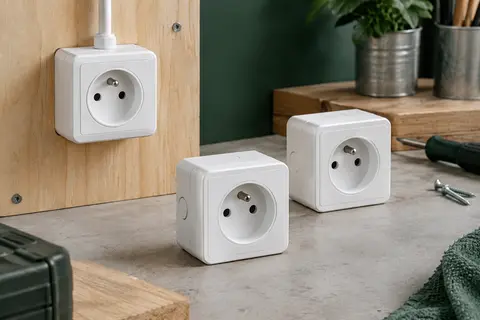 Trois prises électriques Zenitech blanches 2P+T à poser en saillie sur un mur