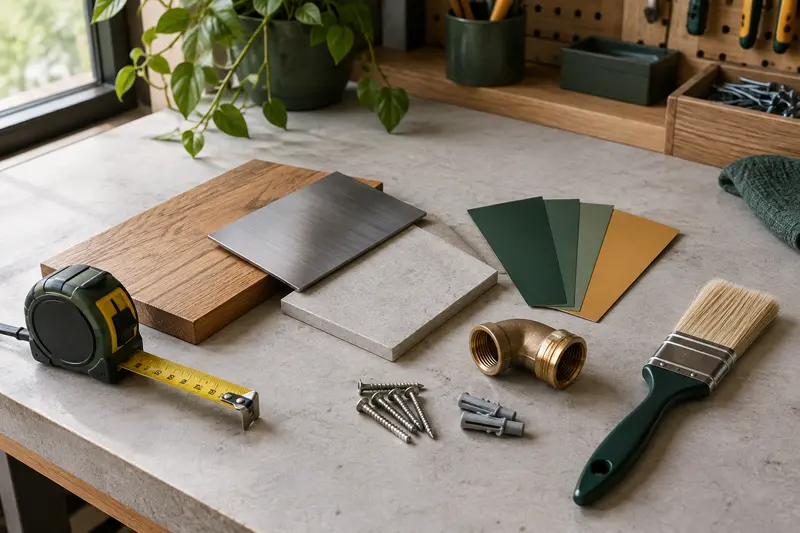 Outils et échantillons alignés sur un établi pour comparer les fournitures avant travaux