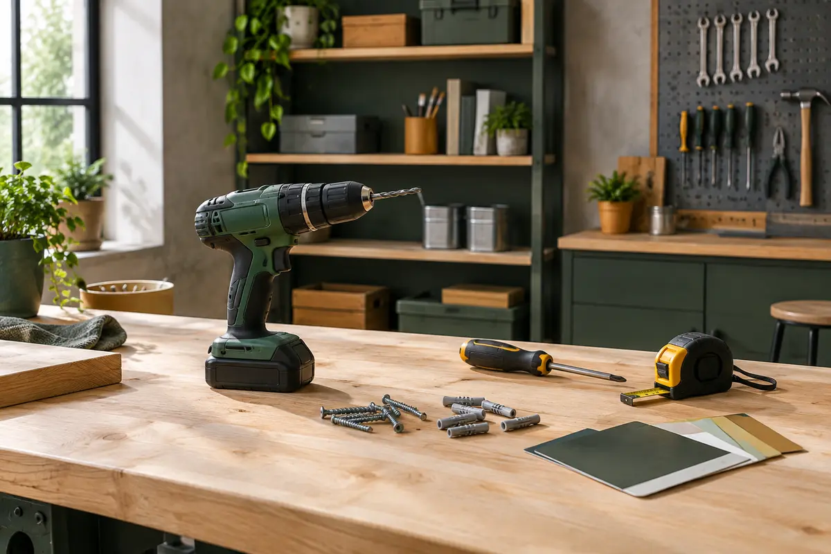Établi de bricolage ordonné avec outils à main, visserie et échantillon de peinture mate